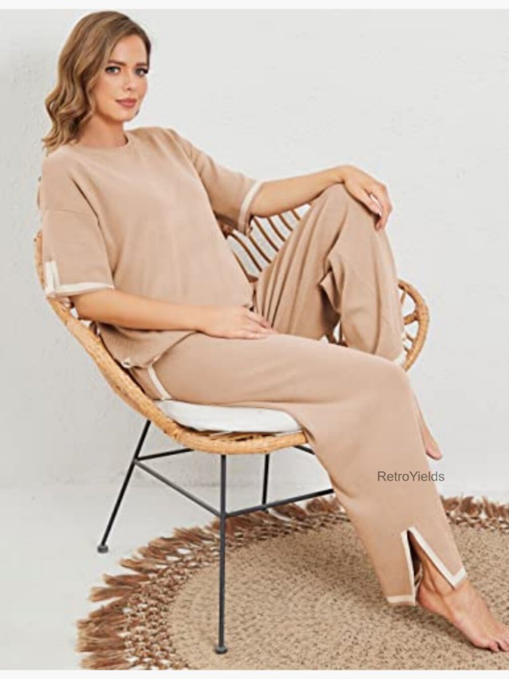 Women's 2-Piece Lounge Set Short Sleeve Knit Pullover Wide Leg Pants - Picture 5 of 7